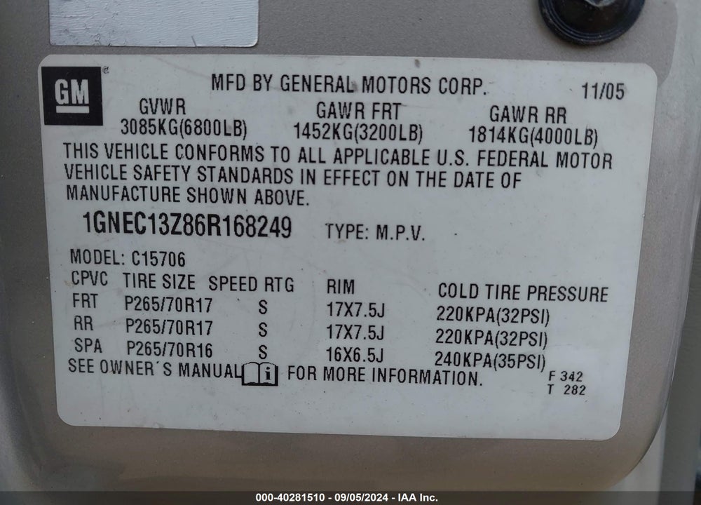 2006 CHEVROLET TAHOE VIN: 1GNEC13Z86R168249