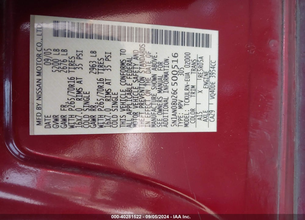 2006 NISSAN XTERRA S VIN: 5N1AN08U26C500516