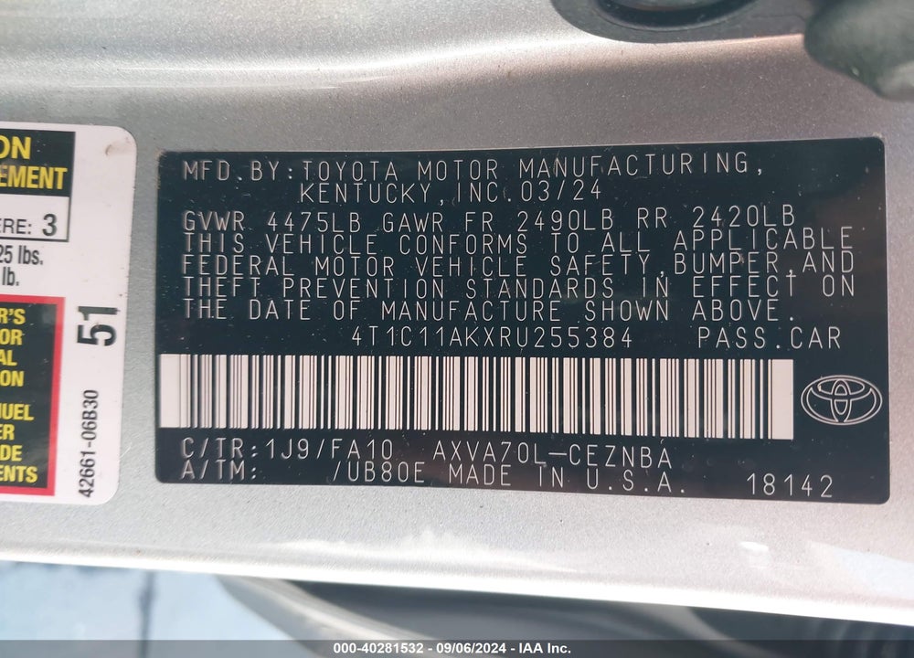 2024 TOYOTA CAMRY LE VIN: 4T1C11AKXRU255384