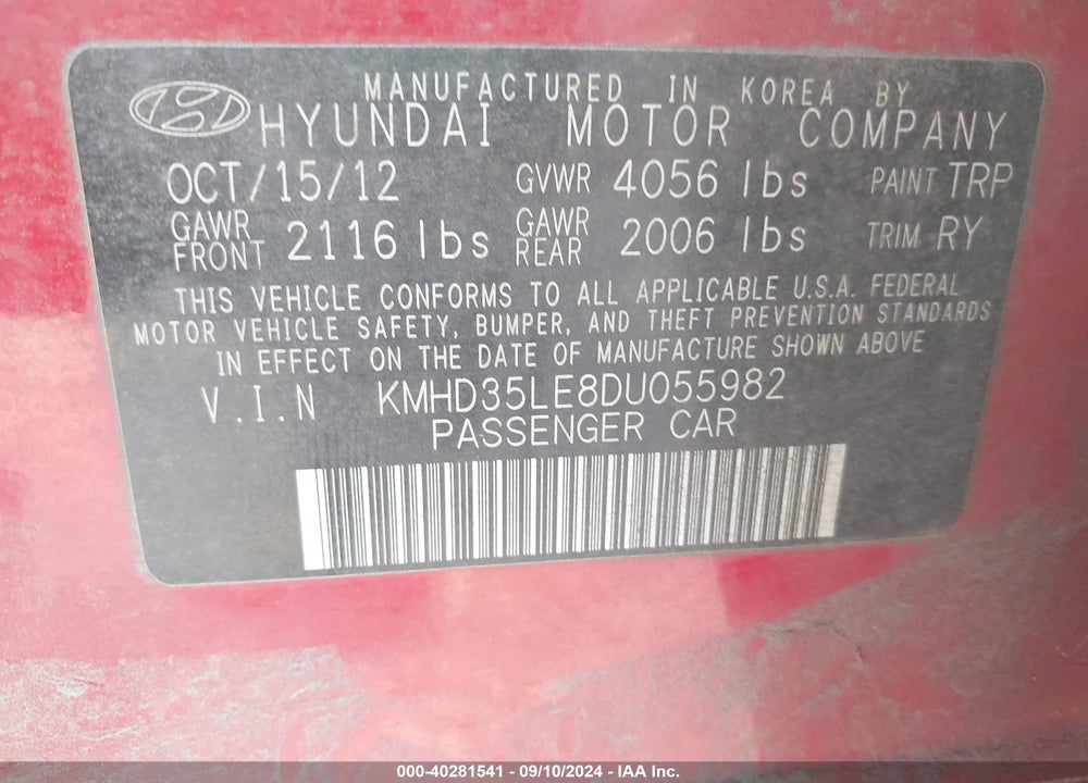 2013 HYUNDAI ELANTRA GT VIN: KMHD35LE8DU055982