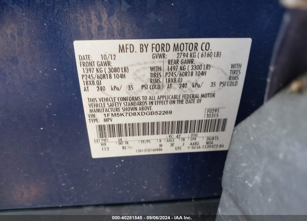 2013 FORD EXPLORER XLT VIN: 1FM5K7D8XDGB52269