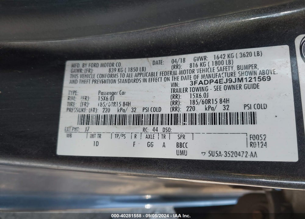 2018 FORD FIESTA SE VIN: 3FADP4EJ9JM121569