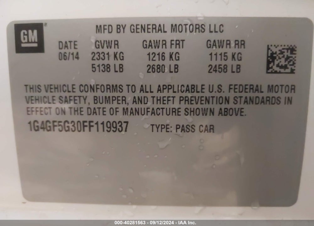 2015 BUICK LACROSSE PREMIUM II VIN: 1G4GF5G30FF119937