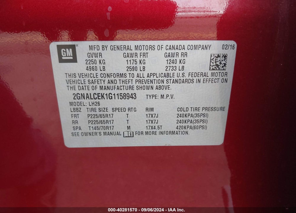 2016 CHEVROLET EQUINOX LT VIN: 2GNALCEK1G1158943