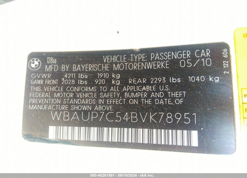 2011 BMW 128I VIN: WBAUP7C54BVK78951
