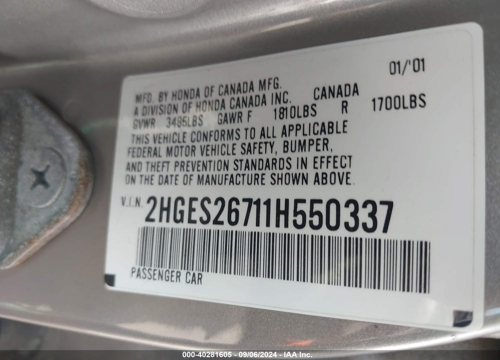 2001 HONDA CIVIC EX VIN: 2HGES26711H550337