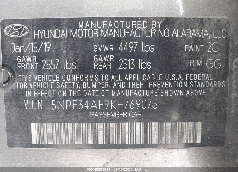 2019 HYUNDAI SONATA SEL VIN: 5NPE34AF9KH769075