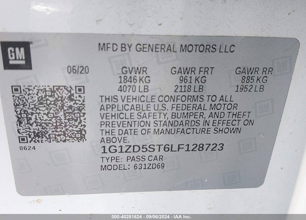 2020 CHEVROLET MALIBU FWD LT VIN: 1G1ZD5ST6LF128723
