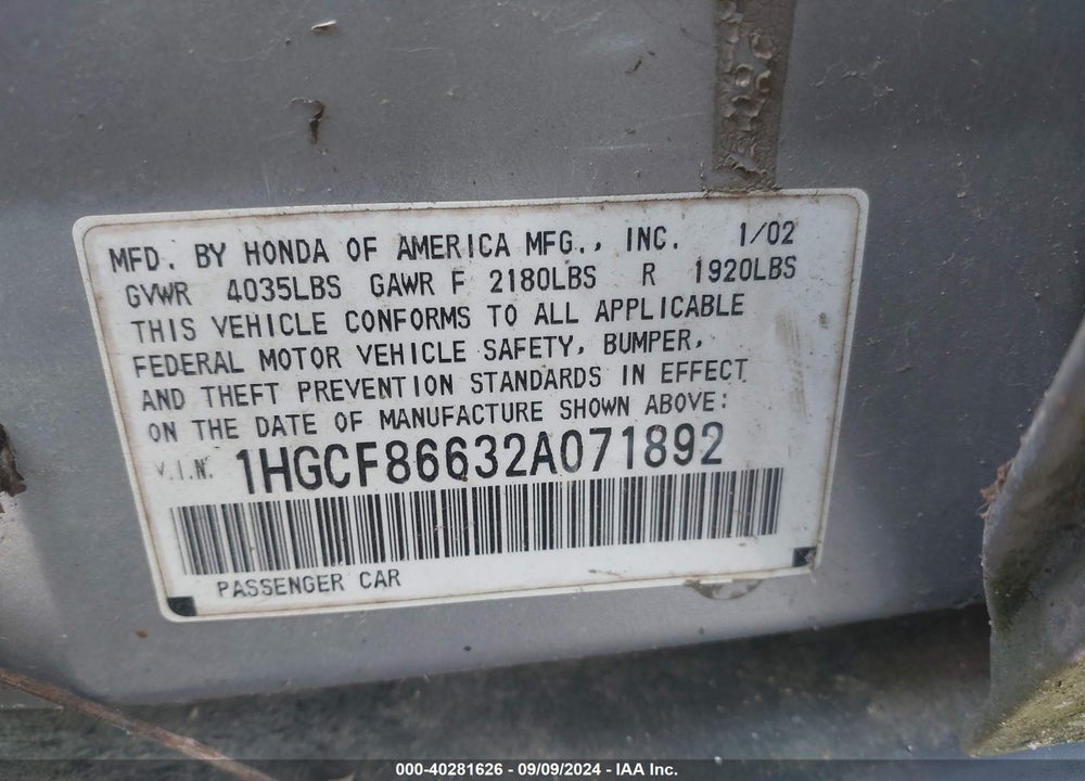 2002 HONDA ACCORD 2.3 VP VIN: 1HGCF86632A071892