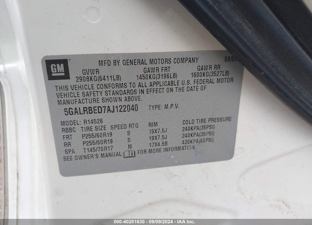 2010 BUICK ENCLAVE 1XL VIN: 5GALRBED7AJ122040