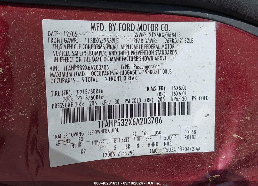 2006 FORD TAURUS SE VIN: 1FAHP532X6A203706