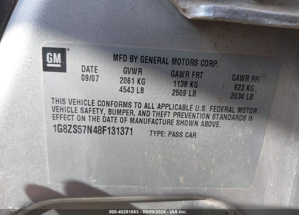 2008 SATURN AURA XE VIN: 1G8ZS57N48F131371