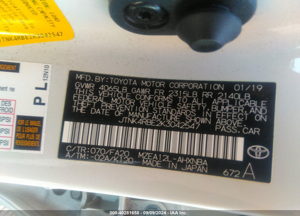 2019 TOYOTA COROLLA SE VIN: JTNK4RBE2K3042547