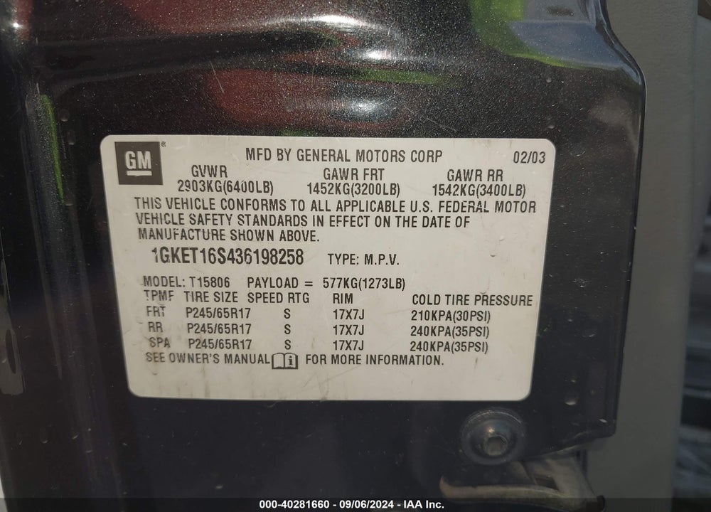 2003 GMC ENVOY XL SLT VIN: 1GKET16S436198258