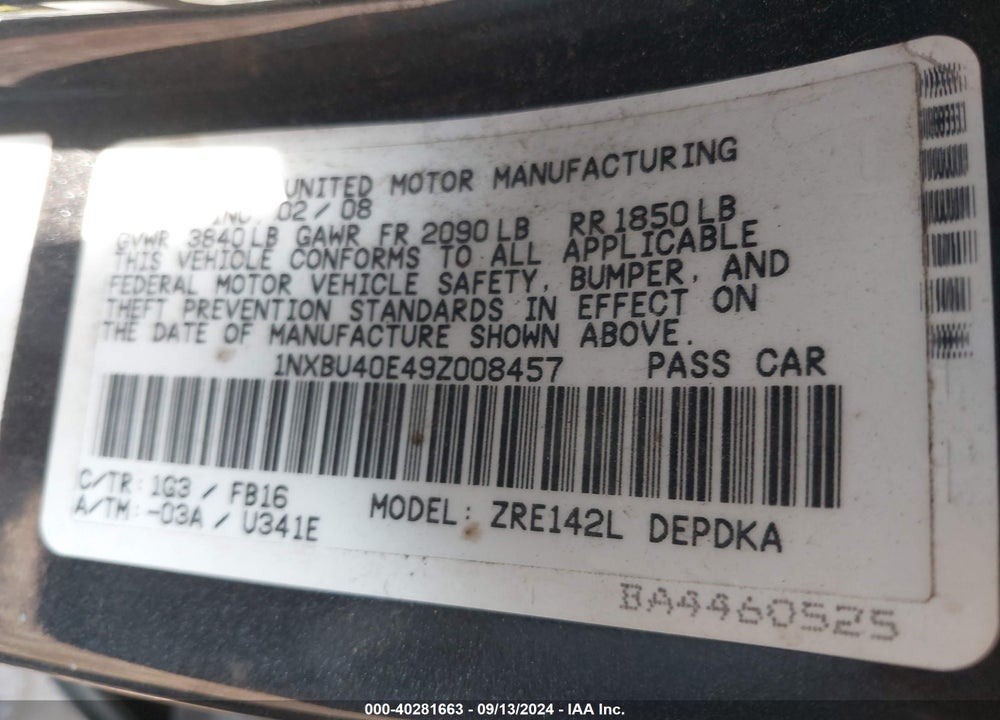 2009 TOYOTA COROLLA LE VIN: 1NXBU40E49Z008457
