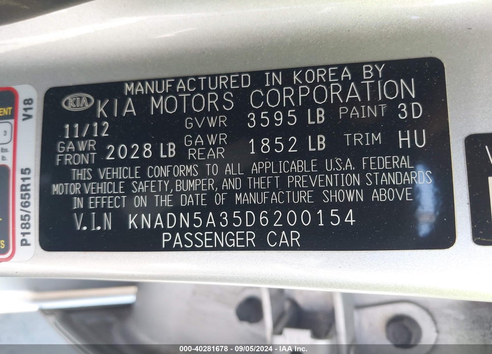 2013 KIA RIO EX VIN: KNADN5A35D6200154