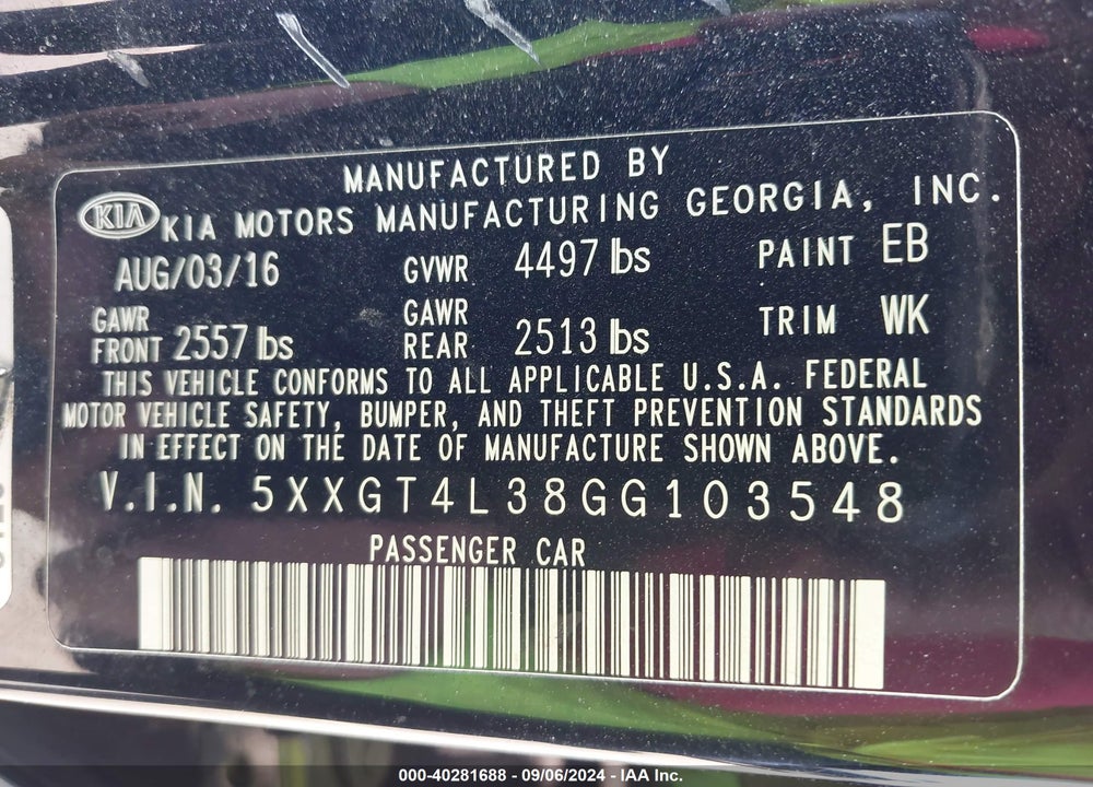 2016 KIA OPTIMA LX VIN: 5XXGT4L38GG103548