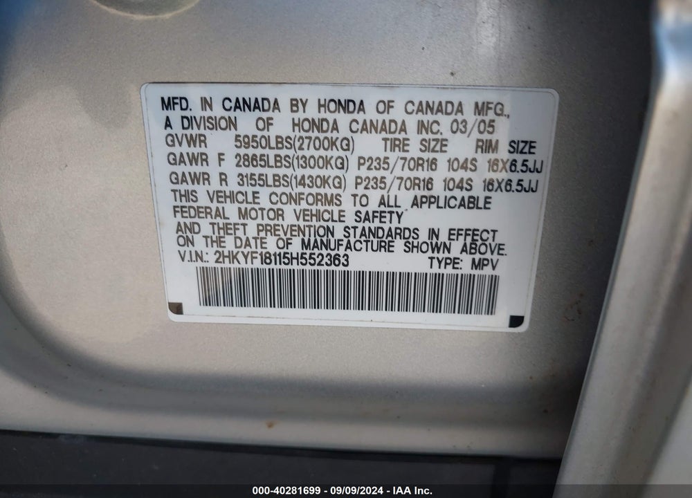 2005 HONDA PILOT LX VIN: 2HKYF18115H552363