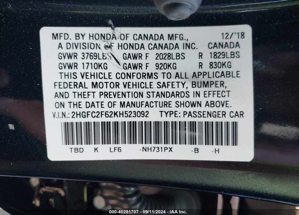 2019 HONDA CIVIC LX VIN: 2HGFC2F62KH523092