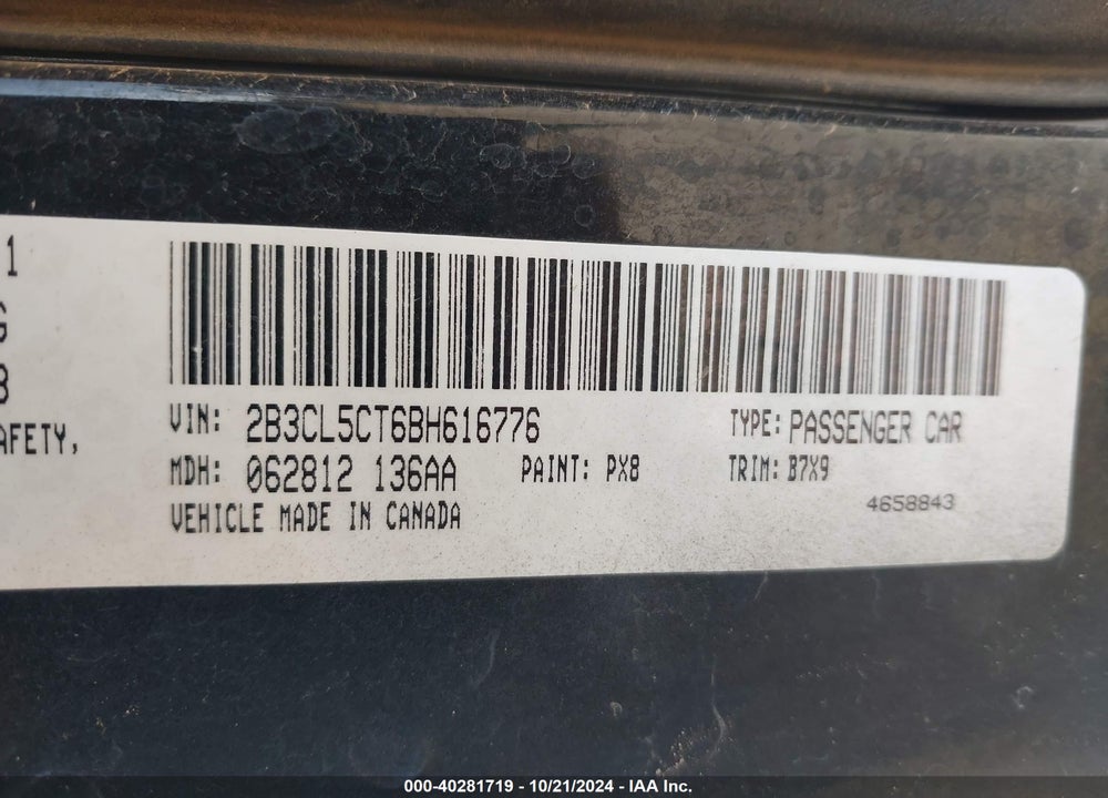 2011 DODGE CHARGER R/T VIN: 2B3CL5CT6BH616776