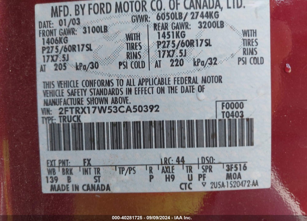 2003 FORD F-150 LARIAT/XL/XLT VIN: 2FTRX17W53CA50392