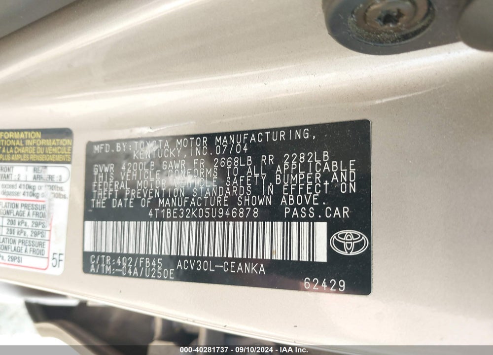 2005 TOYOTA CAMRY LE VIN: 4T1BE32K05U946878
