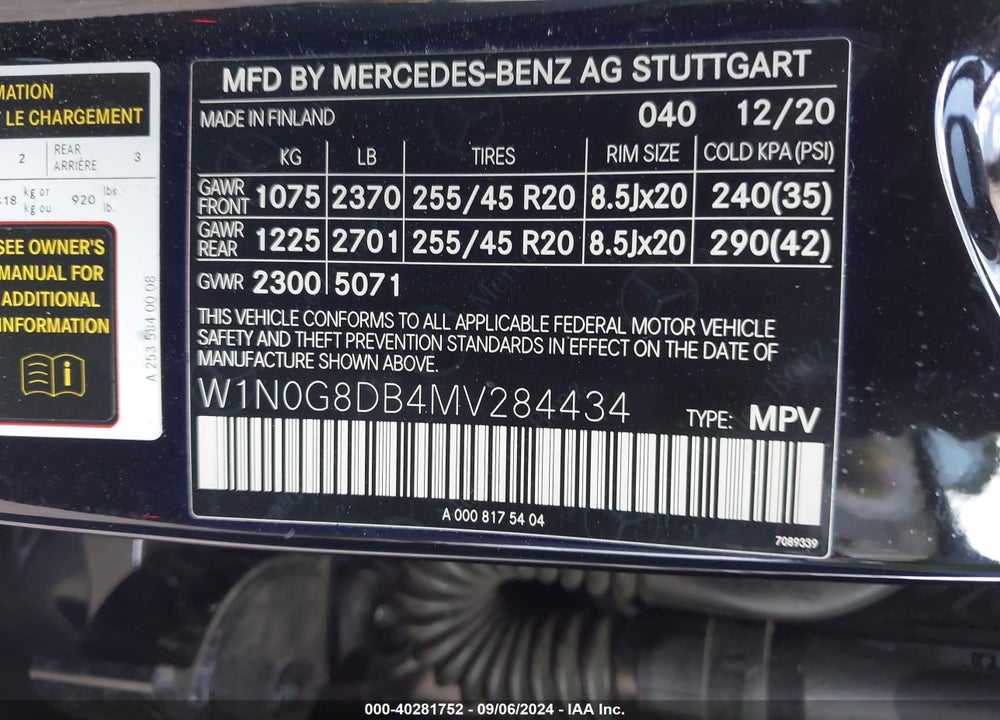 2021 MERCEDES-BENZ GLC 300 SUV VIN: W1N0G8DB4MV284434