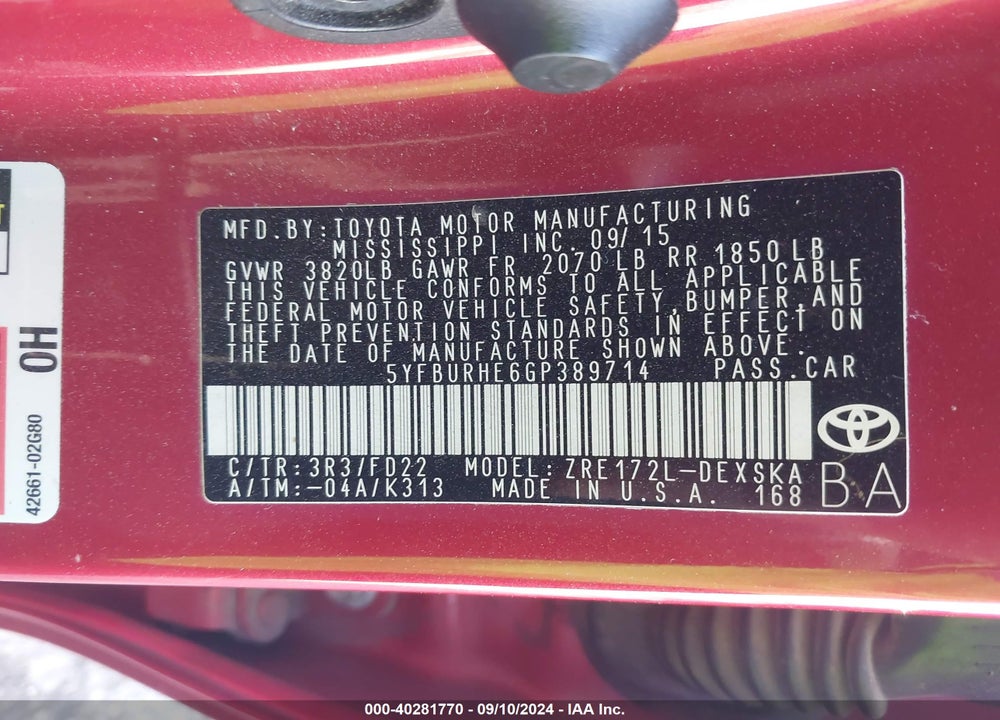 2016 TOYOTA COROLLA S PLUS VIN: 5YFBURHE6GP389714