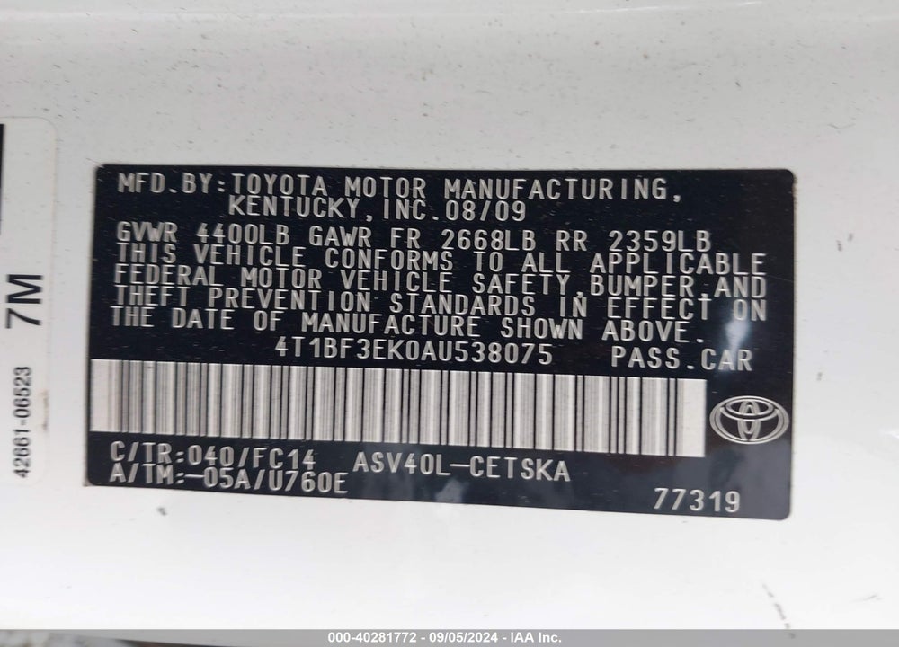 2010 TOYOTA CAMRY SE VIN: 4T1BF3EK0AU538075