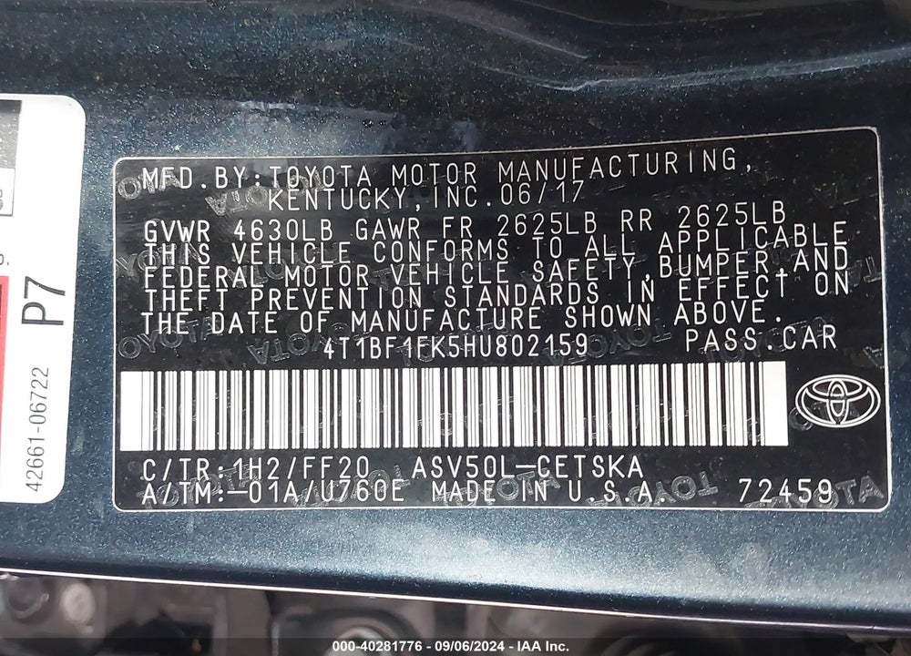 2017 TOYOTA CAMRY SE VIN: 4T1BF1FK5HU802159
