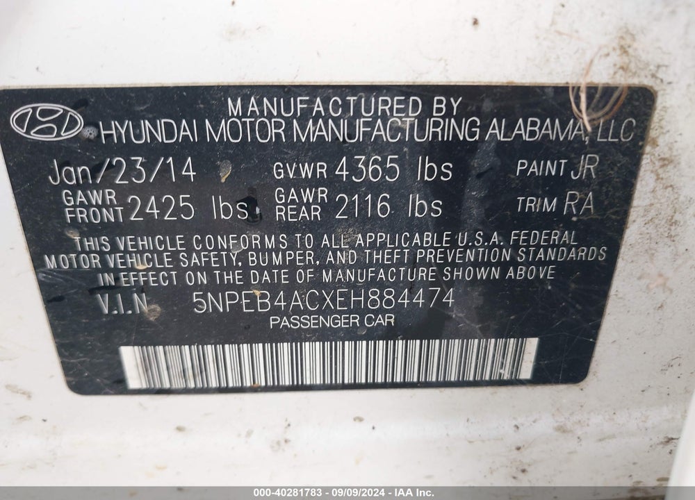 2014 HYUNDAI SONATA GLS VIN: 5NPEB4ACXEH884474