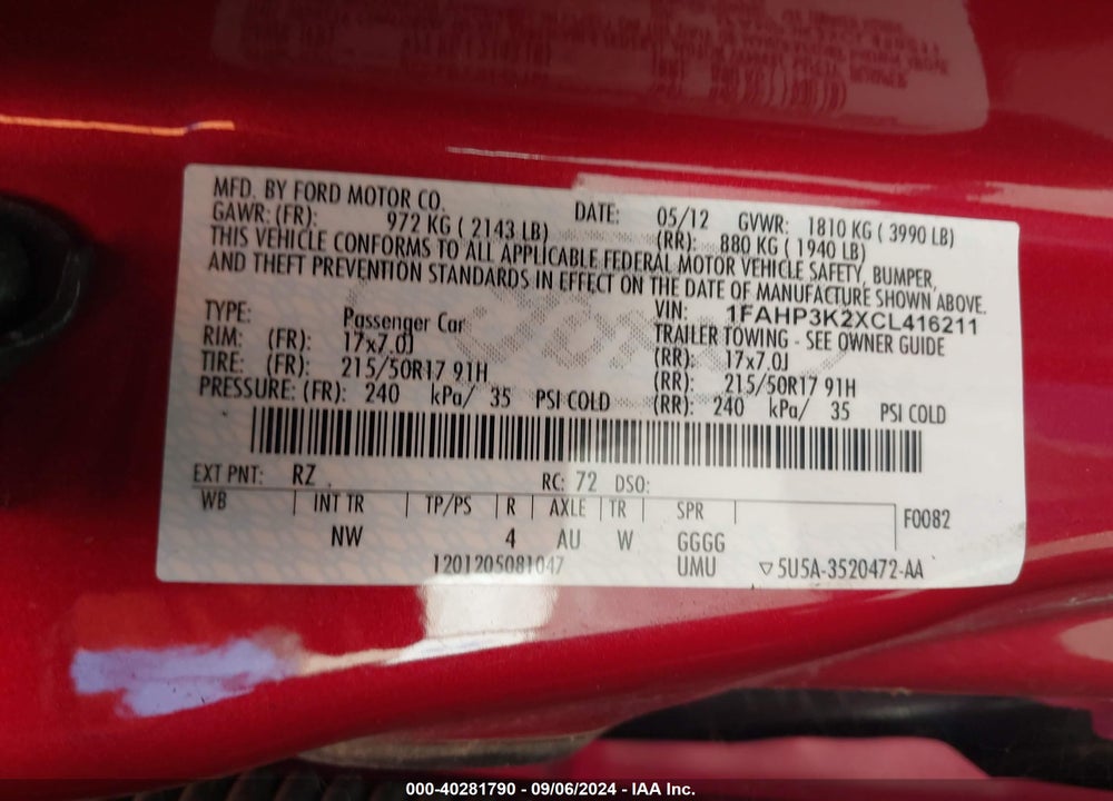 2012 FORD FOCUS SE VIN: 1FAHP3K2XCL416211