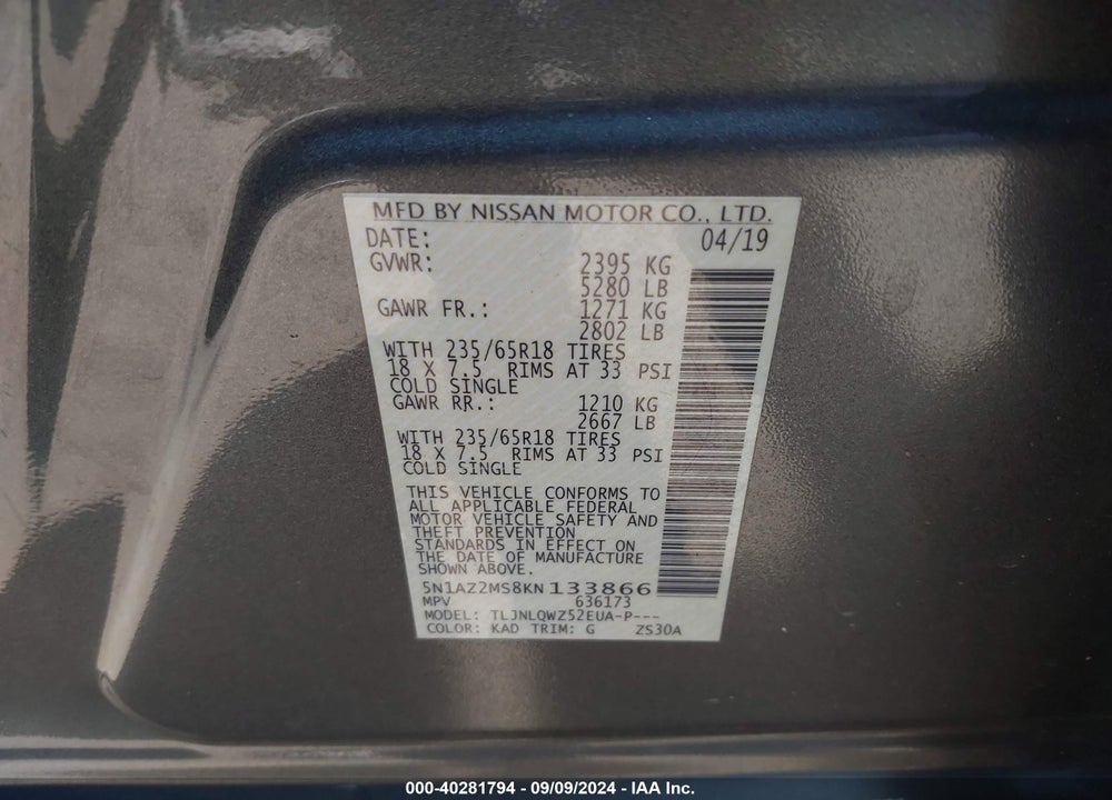 2019 NISSAN MURANO SV VIN: 5N1AZ2MS8KN133866