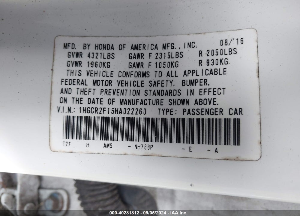 2017 HONDA ACCORD SPORT SE VIN: 1HGCR2F15HA022260