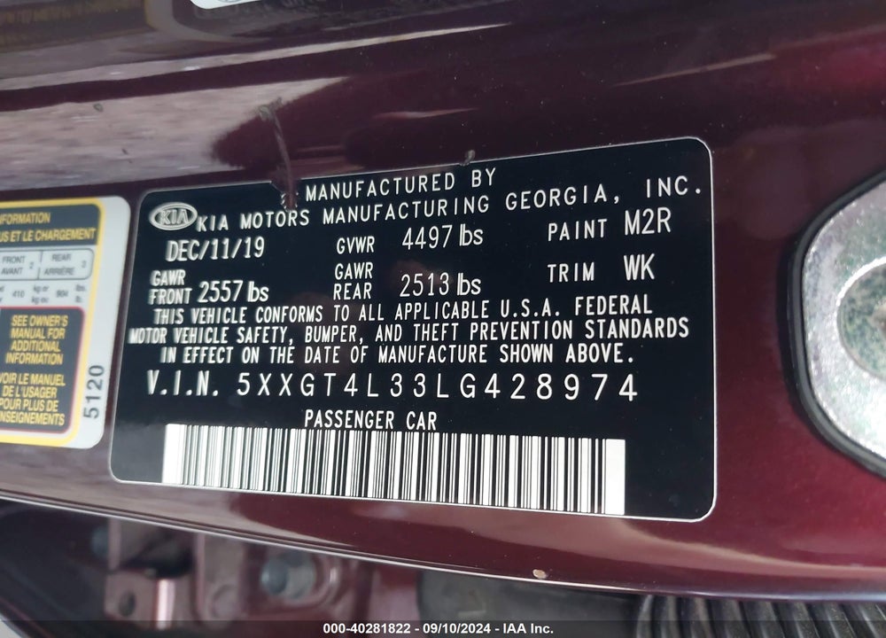 2020 KIA OPTIMA LX VIN: 5XXGT4L33LG428974