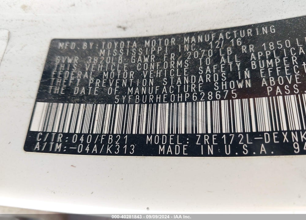 2017 TOYOTA COROLLA L/LE/XLE/SE/XSE VIN: 5YFBURHE0HP628675