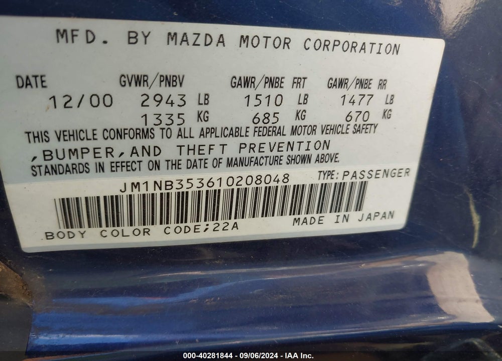 2001 MAZDA MX-5 MIATA LS/SPECIAL EDITION VIN: JM1NB353610208048