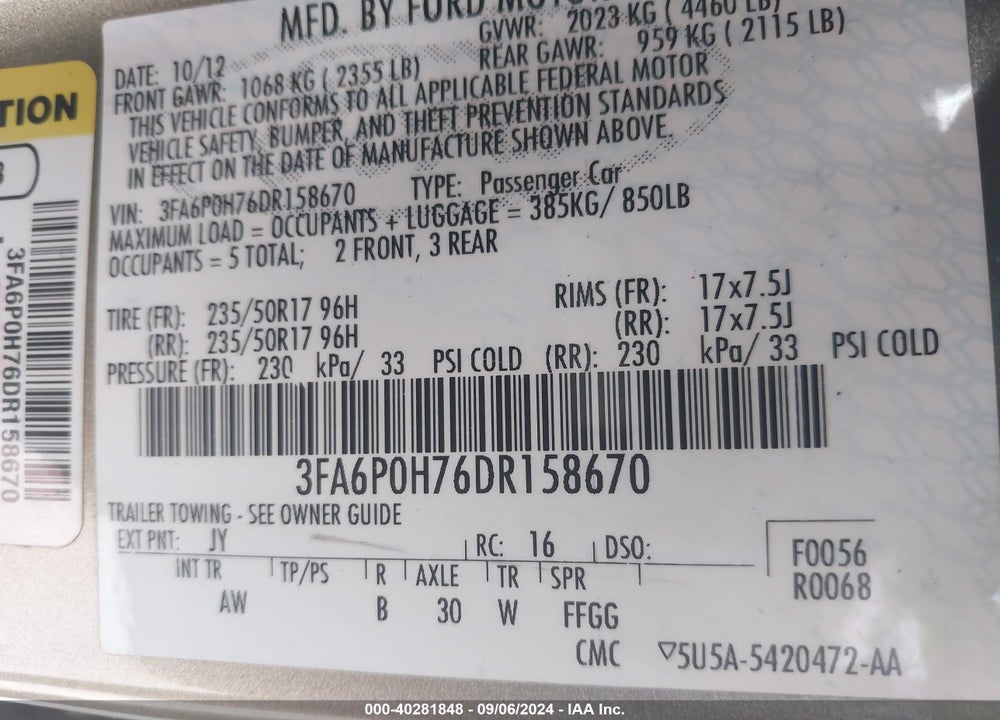 2013 FORD FUSION SE VIN: 3FA6P0H76DR158670
