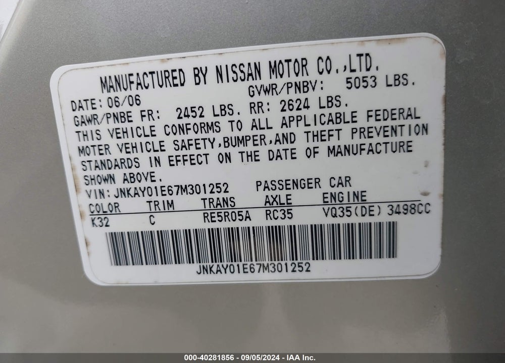 2007 INFINITI M35 VIN: JNKAY01E67M301252