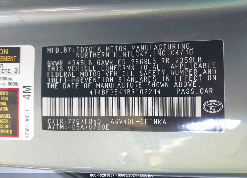 2011 TOYOTA CAMRY LE VIN: 4T4BF3EK1BR102214
