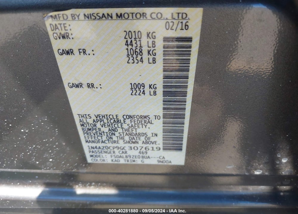 2016 NISSAN LEAF S VIN: 1N4AZ0CP9GC307619
