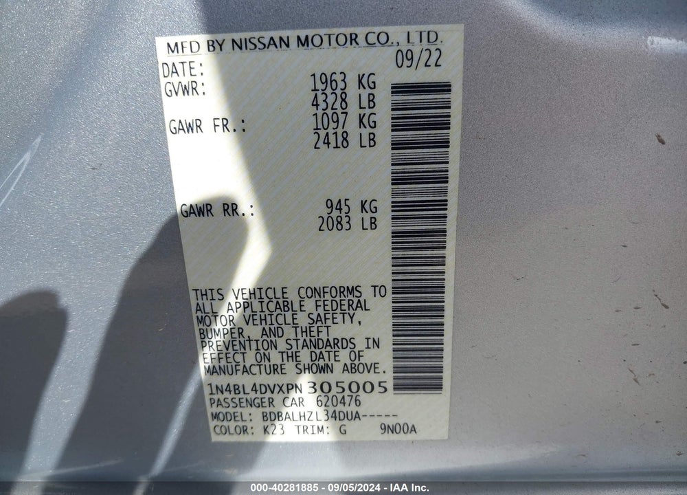 2023 NISSAN ALTIMA SV FWD VIN: 1N4BL4DVXPN305005