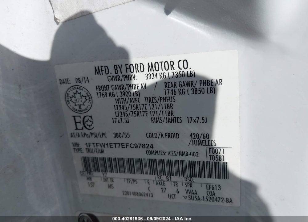 2014 FORD F-150 XLT VIN: 1FTFW1ET7EFC97824