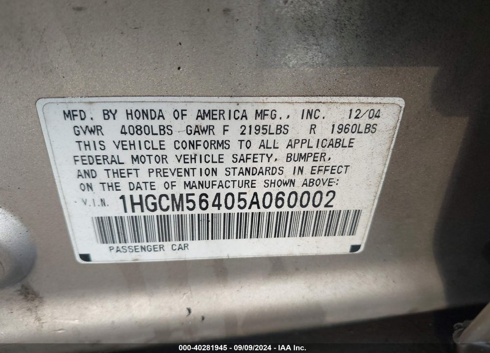 2005 HONDA ACCORD 2.4 LX VIN: 1HGCM56405A060002