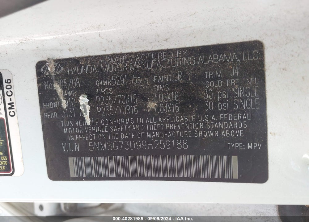 2009 HYUNDAI SANTA FE GLS VIN: 5NMSG73D99H259188