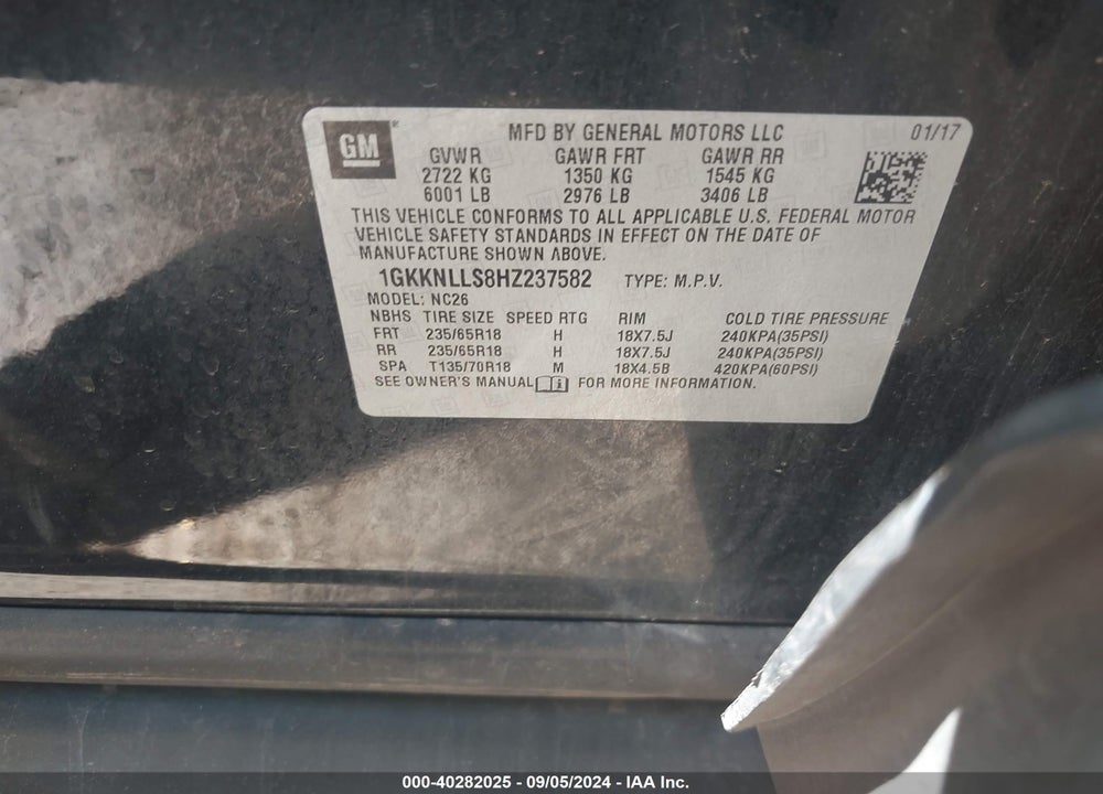 2017 GMC ACADIA SLE-2 VIN: 1GKKNLLS8HZ237582