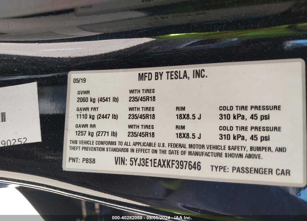 2019 TESLA MODEL 3 LONG RANGE/MID RANGE/STANDARD RANGE/STANDARD RANGE PLUS VIN: 5YJ3E1EAXKF397646