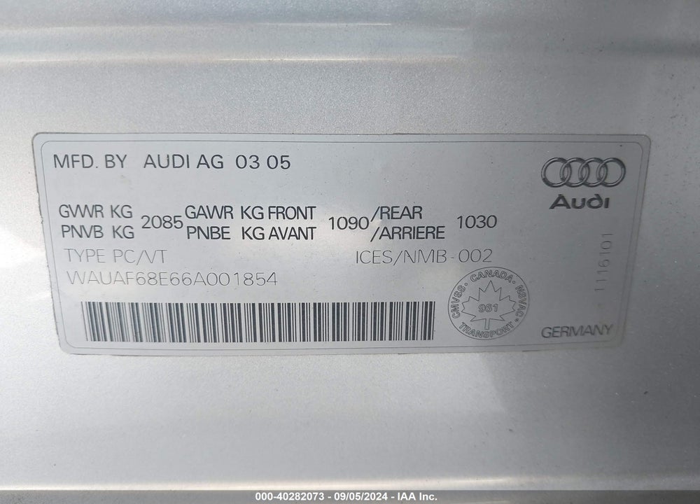 2006 AUDI A4 VIN: WAUAF68E66A001854
