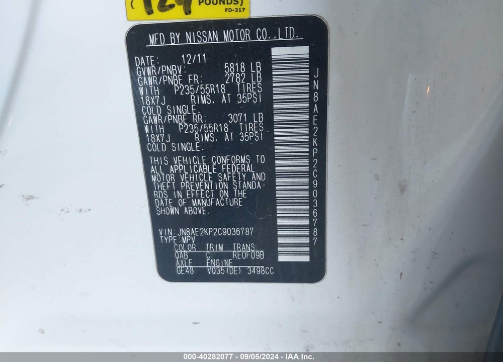 2012 NISSAN QUEST LE VIN: JN8AE2KP2C9036787