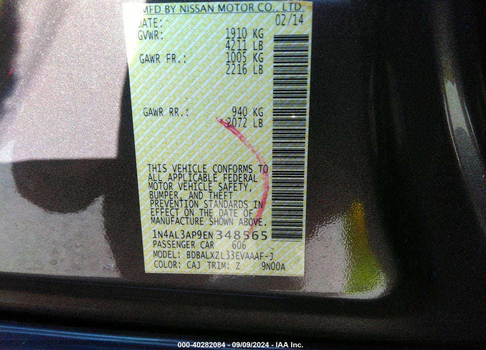 2014 NISSAN ALTIMA VIN: 1N4AL3AP9EN348565
